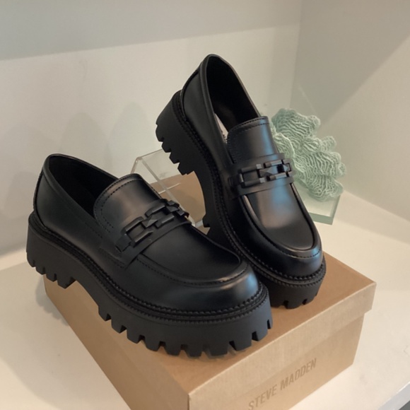 Steve Madden Women's Loafer Chunky Platform Black Leather All Sizes - Picture 5 of 12